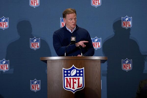 NFL Commissioner Roger Goodell speaks during a media availability at the NFL football meetings, Tuesday, March 28, 2023, in Phoenix. (AP Photo/Matt York)