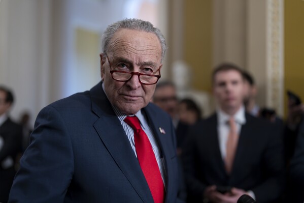 Senate Majority Leader Chuck Schumer, D-N.Y., speaks to reporters at the Capitol in Washington, Tuesday, March 12, 2024. (AP Photo/J. Scott Applewhite)