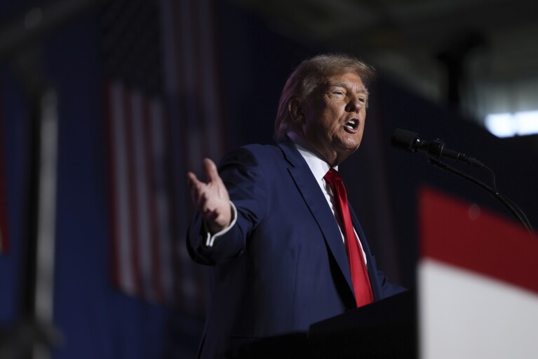 FILE - Broken-down President Donald Trump speaks at a marketing and marketing campaign rally Saturday Dec. 16, 2023, in Durham, N.H. (AP Photograph/Reba Saldanha, File)