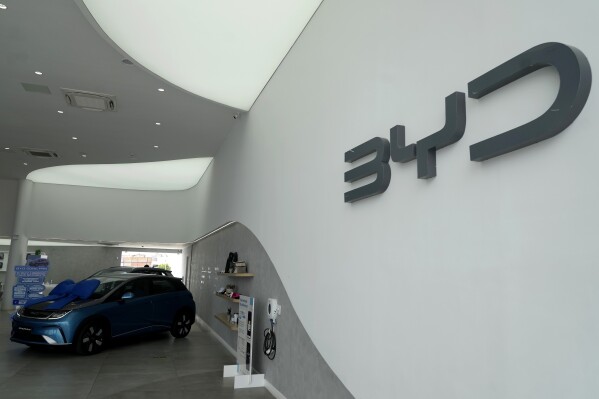FILE -BYD vehicles are for sale in a dealership in Camacari, Bahia state, Brazil, Friday, March 7, 2025. (AP Photo/Eraldo Peres, File)