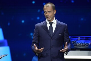 UEFA President Aleksander Ceferin speaks during the 2023/24 UEFA Champions League group stage draw at the Grimaldi Forum in Monaco, Thursday, Aug. 31, 2023. (AP Photo/Daniel Cole)