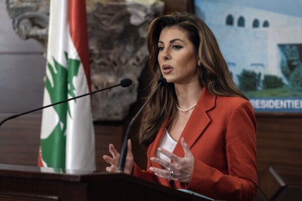 U.S. deputy special envoy for Middle East peace Morgan Ortagus speaks during a press conference after her meeting with Lebanese President Joseph Aoun in Baabda, east of Beirut, Lebanon, Friday, Feb. 7, 2025. (AP Photo/Bilal Hussein)
