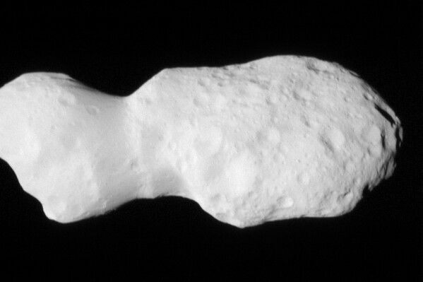 This photo provided by NASA shows the asteroid Donaldjohanson as seen by the Lucy spacecraft during its flyby on Sunday, April 20, 2025. (NASA/Goddard/SwRI/Johns Hopkins APL via AP)
