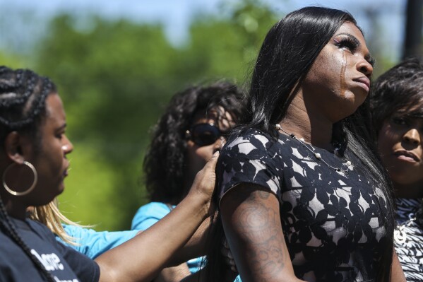 FILE - Muhlaysia Booker speaks during a rally on Friday, April 20, 2019, in Dallas. A man charged in the 2019 fatal shooting of Booker, a transgender Dallas woman, has been sentenced to 48 years in prison. Kendrell Lyles, 37, entered a guilty plea Monday, Nov. 6, 2023, just before jury selection was set to begin in his murder trial in the death of 22-year-old Booker. (Ryan Michalesko/The Dallas Morning News via AP, File)