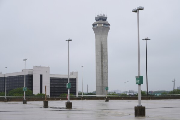 A control tower is seen at Newark Liberty International Airport in Newark, N.J., Monday, May 5, 2025. (AP Photo/Seth Wenig)