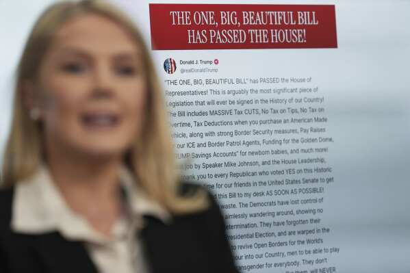 White House press secretary Karoline Leavitt speaks with reporters as an image of President Donald Trump's post on Truth Social regarding the tax cuts package appears on screen in the James Brady Press Briefing Room at the White House, Thursday, May 22, 2025, in Washington. (AP Photo/Jacquelyn Martin)