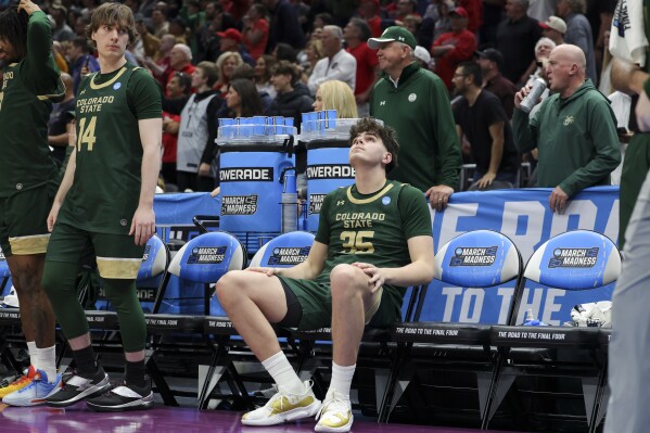 Colorado State forward Kyle Jorgensen reacts on the sideline after the team's loss to Maryland during the second half in the second round of the NCAA college basketball tournament, Sunday, March 23, 2025, in Seattle. (AP Photo/Ryan Sun)