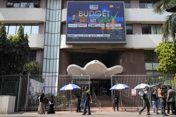 Screen showing Budget at Bombay Stock Market (BSE) in Mumbai, India, Saturday, Feb. 1, 2025. (AP Photo/Rajanish Kakade)