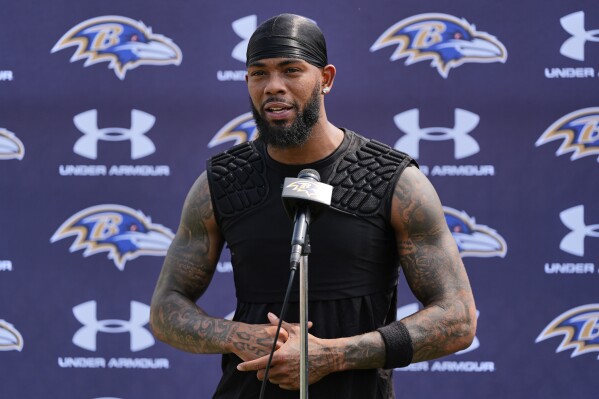 Baltimore Ravens wide receiver Rashod Bateman speaks to media following NFL football practice, Thursday, June 5, 2025, at the Under Armour Performance Center in Owings Mills, Md. (AP Photo/Stephanie Scarbrough)
