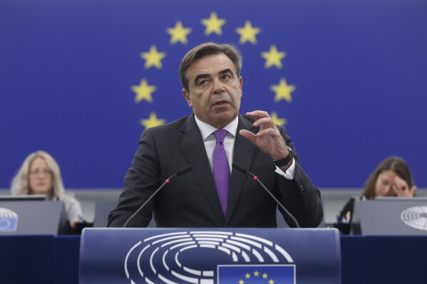 European Commission vice-president Margaritis Schinas delivers a speech on the speedy adoption of the asylum and migration package Wednesday, Oct. 4, 2023 in Strasbourg, eastern France. (AP Photo/Jean-Francois Badias)