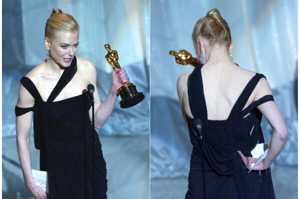 This combination photo shows an emotional Nicole Kidman accepting the award for best actress for her role in "The Hours," left, and being overcome with emotion before delivering her speech at the 75th annual Academy Awards in Los Angeles on March 23, 2003. “Russell Crowe said don’t cry if you get up there and now I’m crying,” Kidman said before thanking “The Hours” filmmakers. (AP Photo/Kevork Djansezian)