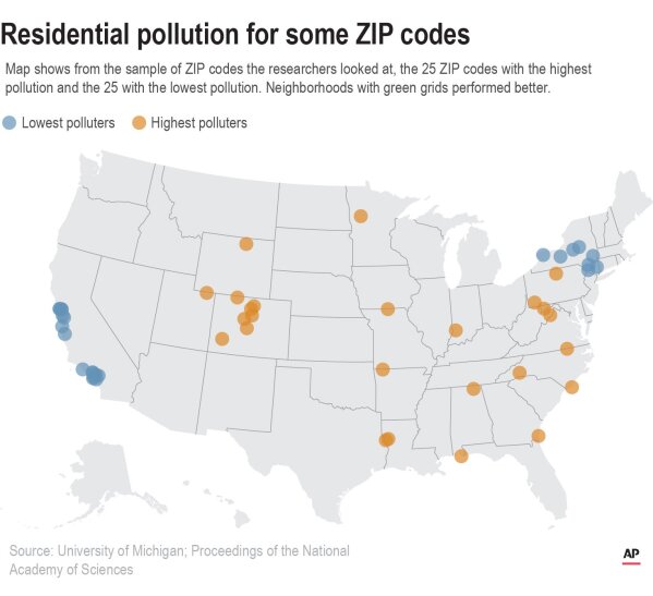 Map shows from the sample of ZIP codes the researchers looked at, the highest and lowest polluters.;