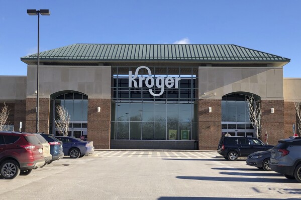 FILE - A Kroger grocery store is seen, Jan. 23, 2021, in Novi, Mich. The Federal Trade Commission on Monday, Feb. 16, 2024, sued to block a proposed merger between grocery giants Kroger and Albertsons, saying the $24.6 billion deal would eliminate competition and lead to higher prices for millions of Americans. (Ed Pevos/Ann Arbor News via AP, File)