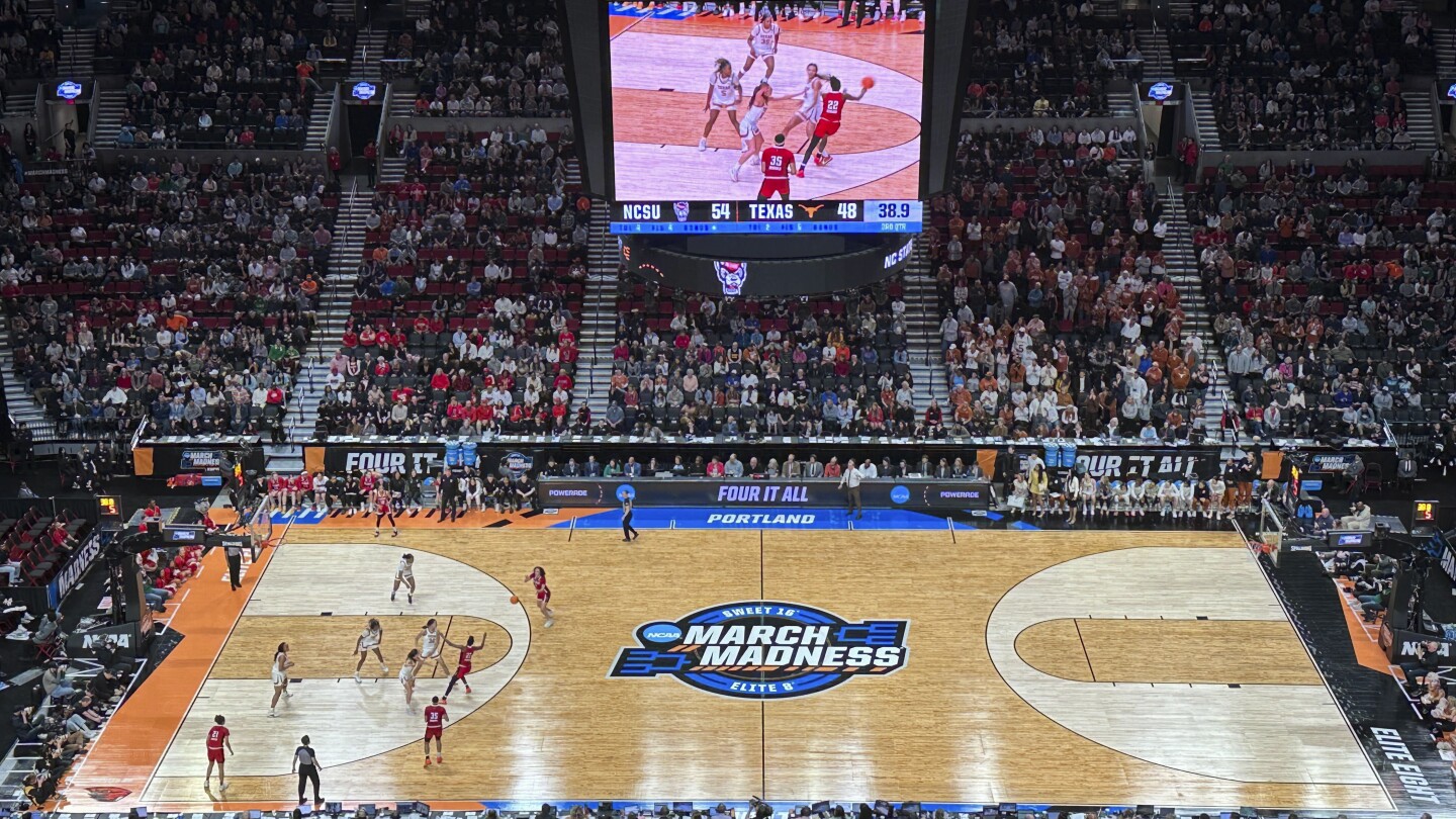 The women's NCAA Championship court in Portland has 3-point lines of varying distances