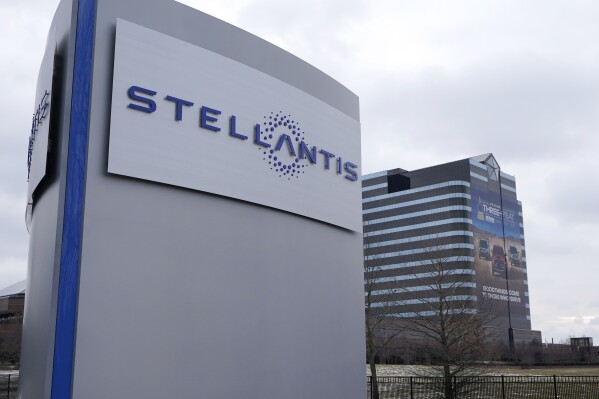 FILE - This Jan. 19, 2021 file photo shows the Stellantis sign outside the Chrysler Technology Center in Auburn Hills, Mich. Stellantis said Wednesday, Oct. 11, 2023, it will build a second electric vehicle battery factory in Kokomo, Indiana, that will create 1,400 new jobs. The $3.2 billion joint venture factory with South Korea’s Samsung SDI is to start production early in 2027. (AP Photo/Carlos Osorio, File)