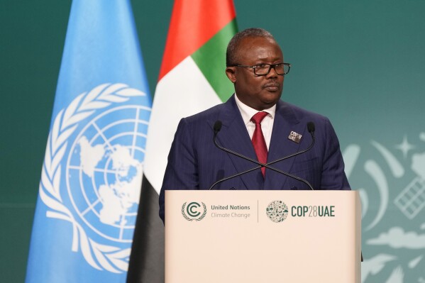 Guinea-Bissau President Umaro Sissoco Embalo speaks during a plenary session at the COP28 U.N. Climate Summit, Friday, Dec. 1, 2023, in Dubai, United Arab Emirates. (AP Photo/Peter Dejong)
