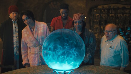 This image released by Disney Enterprises shows, from left, Owen Wilson, Rosario Dawson, LaKeith Stanfield, Tiffany Haddish and Danny DeVito in a scene from "Haunted Mansion." (Disney Enterprises via AP)