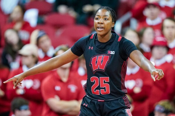 Wisconsin's Serah Williams (25) directs teammates during the second half of an NCAA basketball game against Florida State on Thursday, Dec. 1, 2022, in Madison, Wis. (AP Photo/Andy Manis, File)