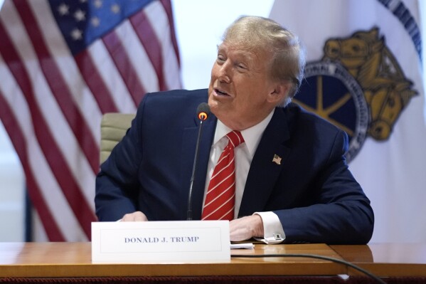 Republican presidential candidate former President Donald Trump speaks as he meets with members of the International Brotherhood of Teamsters at their headquarters in Washington, Wednesday, Jan. 31, 2024. (AP Photo/Andrew Harnik)