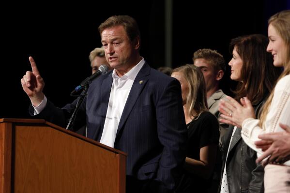 FILE - In this Nov. 6, 2018, file photo, Sen. Dean Heller, R-Nev., makes his concession speech during the NVGOP Election Night Watch Party in Las Vegas. Heller plans to announce a bid for governor of Nevada on Monday, Sept. 20, 2021, joining a crowded field of Republican hopefuls vying for a chance to unseat Democratic Gov. Steve Sisolak in 2022. (AP Photo/Joe Buglewicz, File)
