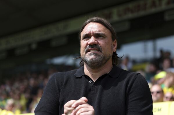 Leeds United manager Daniel Farke looks on, ahead of the English Football League Championship playoff, semi-final, first leg soccer match between Norwich and Leeds United, at Carrow Road, Norwich, England, Sunday May 12, 2024. In the race to secure the last promotion spot for the Premier League, Norwich and Leeds drew 0-0 in the first-leg of their Championship play-off semifinal on Sunday. (Steven Paston/PA via AP)