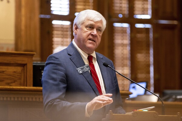 State Sen. Bill Cowsert, R-Athens, speaks about SR 579, a resolution proposing an amendment to the Georgia Constitution to allow sports betting in the state, at the Senate in the Capitol in Atlanta, on Tuesday, Feb. 27, 2024. Cowsert sponsored the resolution, which passed. (Arvin Temkar/Atlanta Journal-Constitution via AP)