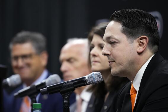 Daniel Briere, Philadelphia Flyers General Manager, speaks during a news conference at the NHL hockey team's arena, Friday, May 12, 2023, in Philadelphia. (AP Photo/Matt Slocum)