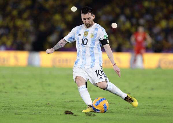 FILE - Argentina's Lionel Messi controls the ball during a qualifying soccer match against Ecuador for the FIFA World Cup Qatar 2022 at Monumental Banco Pichincha stadium in Guayaquil, Ecuador, Tuesday, March 29, 2022. (Franklin Jacome/Pool via AP)