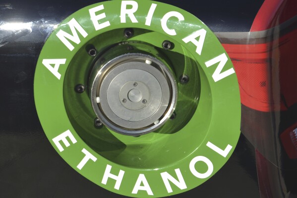 FILE - An American Ethanol label is shown on a NASCAR race car gas tank at Texas Motor Speedway in Fort Worth, Texas, Nov. 1, 2014. Drivers in eight Midwestern states will be able to fuel up with a higher blend of ethanol throughout the year thanks to a final rule announced Thursday, Feb. 22, 2024, by the Environmental Protection Agency. (AP Photo/Randy Holt, File)