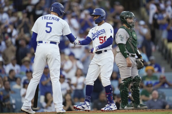 Los Angeles Dodgers' Mookie Betts (50) celebrates with Freddie Freeman (5) after hitting a home run during the second inning of a baseball game against the Oakland Athletics in Los Angeles, Wednesday, Aug. 2, 2023. (AP Photo/Ashley Landis)