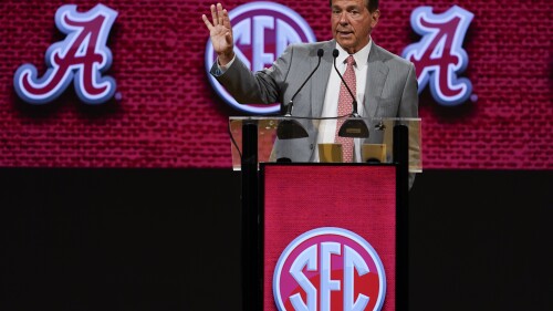 Alabama head coach Nick Saban speaks during NCAA college football Southeastern Conference Media Days, Wednesday, July 19, 2023, in Nashville, Tenn. (AP Photo/George Walker IV)