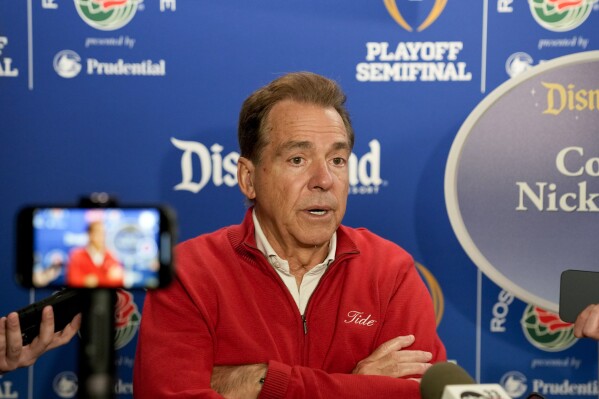 Alabama head coach Nick Saban speaks to reporters during a welcome event at Disneyland on Wednesday, Dec. 27, 2023, in Anaheim, Calif. Alabama is scheduled to play against Michigan on New Year's Day in the Rose Bowl, a semifinal in the College Football Playoff. (AP Photo/Ryan Sun)