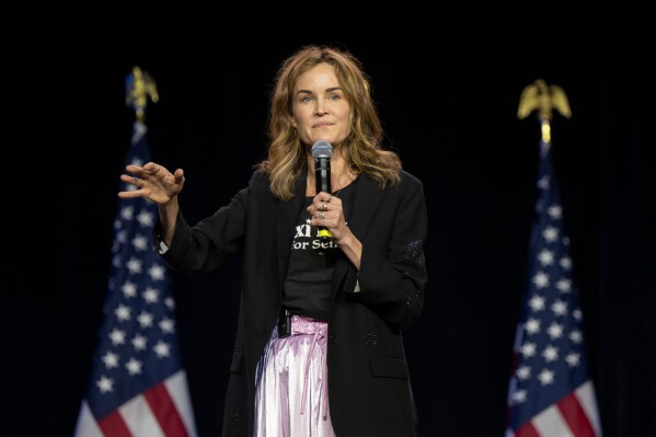 FILE - U.S. Senate candidate Lexi Reese, a former Google executive, speaks at the California Democratic Party Convention in Sacramento, Calif., Saturday, Nov. 18, 2023. The former California tech executive Tuesday, Nov. 28, announced she is ending her longshot campaign for the U.S. Senate seat once held by the late Sen. Dianne Feinstein. Reese says she has been unable to raise the many millions of dollars the first-time candidate needed to introduce herself to voters in the nation's most populous state. (Lezlie Sterling/The Sacramento Bee via AP, File)