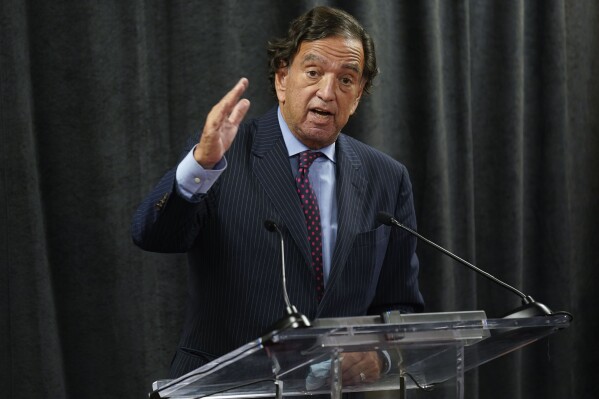 FILE - Former U.S. diplomat Bill Richardson speaks to reporters during a news conference in New York, Tuesday, Nov. 16, 2021. Friends and admirers of former Gov. Richardson are mourning the hard-charging politician whose career spanned the globe. Richardson’s casket was scheduled to lie in state Wednesday, Sept. 13, 2023, in the rotunda of the New Mexico Statehouse. (AP Photo/Seth Wenig, File)