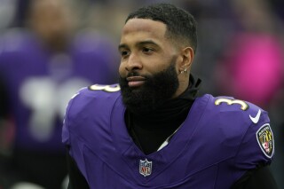 FILE - Baltimore Ravens wide receiver Odell Beckham Jr. (3) works out before the AFC Championship NFL football game against the Kansas City Chiefs, Sunday, Jan. 28, 2024, in Baltimore. The Miami Dolphins agreed to sign wide receiver Odell Beckham Jr. to a one-year contract, a person with knowledge of the deal told The Associated Press on Friday, May 3, 2024.(AP Photo/Nick Wass, File)