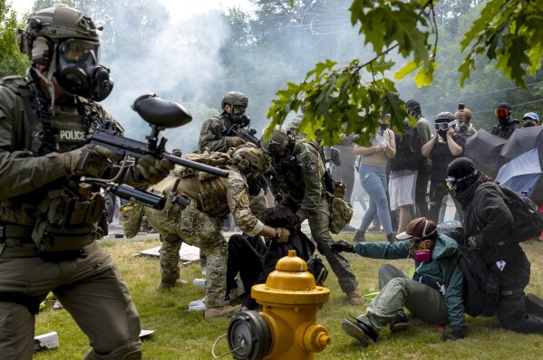 ICE and Border Patrol agents grab a protester outside of the Department of Homeland Security Field Office on Saturday, June 14, 2025, in Tukwila. (Nick Wagner/The Seattle Times via AP)