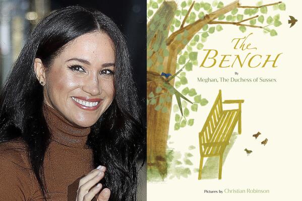 This combination photo shows Meghan, Duchess of Sussex leaving Canada House in London, on Jan. 7, 2020, left, and cover art for her upcoming children's book "The Bench," with pictures by Christian Robinson. The book will publish on June 8. (AP Photo, left, and Random House Children’s Books via AP)