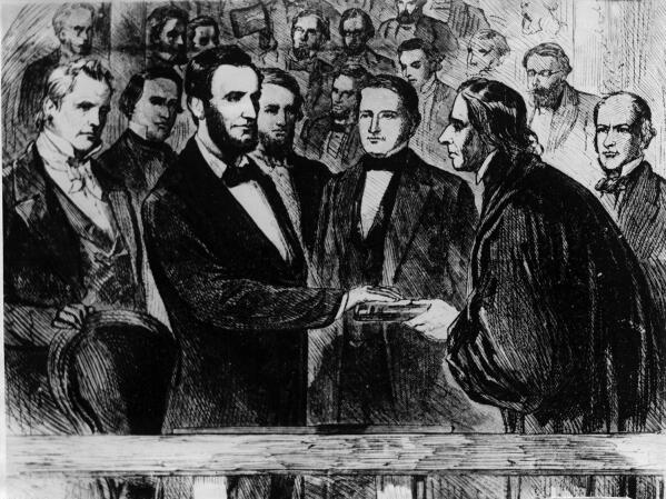 Photograph of painting shows second inauguration of Abraham Lincoln as he takes the oath of office in front of the US Capitol, Washington, DC, B&amp;W photo.