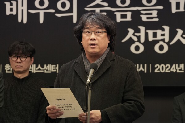 South Korean director Bong Joon-ho speaks during a press conference demanding an investigation into the case for the death of the late actor Lee Sun-kyun in Seoul, South Korea, Friday, Jan. 12, 2024. Lee, a popular South Korean actor best known for his role in the Oscar-winning movie 