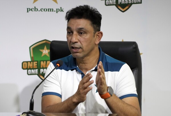 Newly appointed Assistant Coach for Pakistan Cricket team Azhar Mahmood speaks during a news conference in Lahore, Pakistan, Sunday, April 28, 2024. The Pakistan Cricket Board has appointed Gary Kirsten and Jason Gillespie to two-year terms as head coaches in white-ball and red-ball cricket, respectively, on Sunday. (AP Photo/K.M. Chaudary)