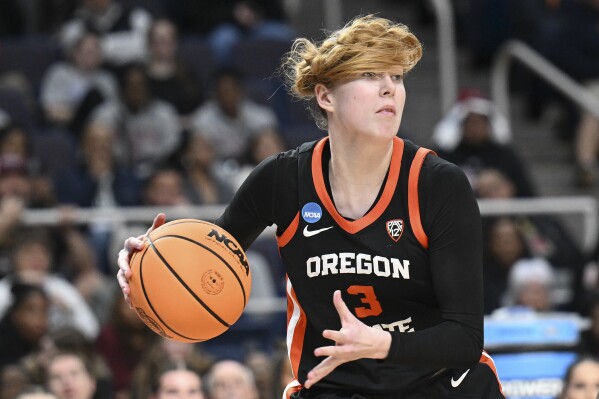 Oregon State guard Dominika Paurova (3) looks to pass against the Notre Dame during the second half of a Sweet Sixteen round college basketball game during the NCAA Tournament, Friday, March 29, 2024, in Albany, N.Y. (AP Photo/Hans Pennink)