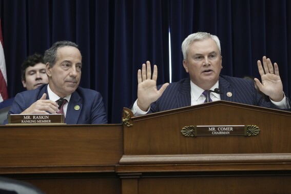 Oversight Committee Chairman James Comer, R-Ky., speaks during the House Oversight Committee impeachment inquiry hearing into President Joe Biden, Thursday, Sept. 28, 2023, on Capitol Hill in Washington, as Ranking Member Rep. Jamie Raskin, D-Md., looks on. (AP Photo/Jacquelyn Martin)