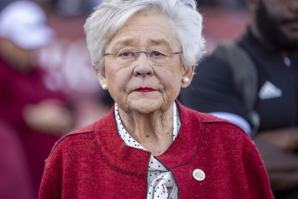 Alabama Governor Kay Ivey visits the sidelines during an NCAA football game between Troy and Arkansas State, Oct. 7, 2023, in Troy, Ala. (AP Photo/Vasha Hunt, File)