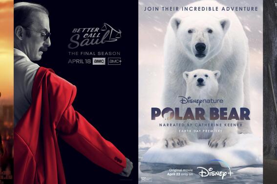 This combination of photos shows promotional art for, from left, the film "Batman," streaming Monday on HBO Max, "Better Call Saul," the final season premiering April 18, on AMC and AMC+, "Polar Bear," a film premiering April 22 on Disney+ and "Barry," returning for a third season on  HBO Max on April 24. (HBOMax/AMC/Disney+/HBOMax via AP)