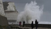 Waves crash over the harbour wall in Newhaven, southern England, Thursday, Nov. 2, 2023. Winds up to 180 kilometers per hour (108 mph) slammed France's Atlantic coast overnight as Storm Ciaran lashed countries around western Europe, uprooting trees, blowing out windows and leaving 1.2 million French households without electricity Thursday. Strong winds and rain also battered southern England and the Channel Islands, where gusts of more than 160 kph (100 mph) were reported. (AP Photo/Kin Cheung)