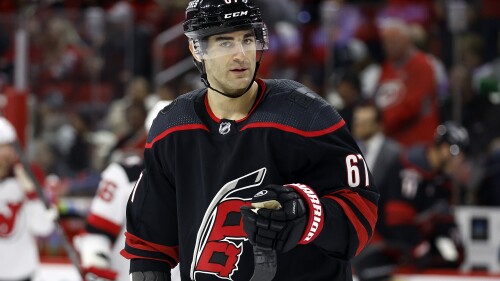 Carolina Hurricanes' Max Pacioretty (67) skates against the New Jersey Devils during the second period of an NHL hockey game in Raleigh, N.C., Tuesday, Jan. 10, 2023. With just a $1 million increase to the salary cap in 2023 and even more expected next year, short contracts like Pacioretty's are a popular route for players and teams willing to take moderate risks and kick money down the road. (AP Photo/Karl B DeBlaker)