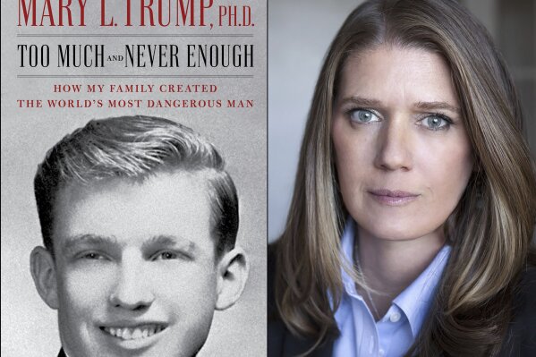 This combination photo shows the cover art for "Too Much and Never Enough: How My Family Created the World’s Most Dangerous Man", left, and a portrait of author Mary L. Trump, Ph.D. The book, written by the niece of President Donald J. Trump, was originally set for release on July 28, but will now arrive on July 14. (Simon & Schuster, left, and Peter Serling/Simon & Schuster via AP)