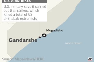 
              Map locates Gandarshe, Somalia, where U.S. airstrikes killed al-Shabab extremists; 2c x 4 1/2 inches; 96.3 mm x 114 mm;
            