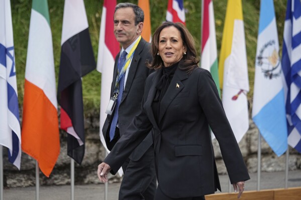 US Vice President Kamala Harris arrives at the Ukraine peace summit in Obbürgen, Switzerland, Saturday, June 15, 2024. Switzerland is hosting scores of world leaders this weekend to try to map out the first steps toward peace in Ukraine. (AP Photo/Laurent Cipriani)