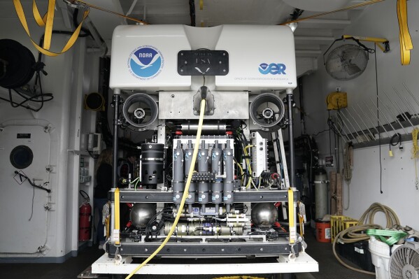 The remotely operated dive vehicle Deep Discoverer is visible aboard the NOAA Okeanos Explorer, Friday, June 23, 2023, in Kodiak, Alaska. (AP Photo/Joshua A. Bickel)